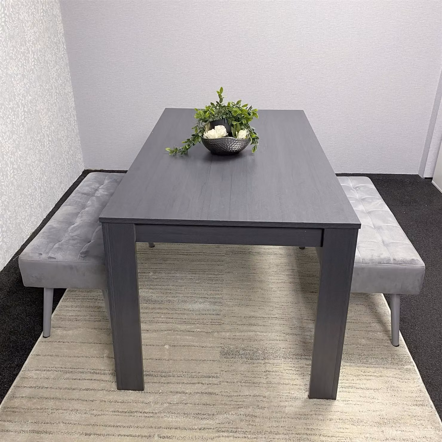 KOSY KOALA Modern Dining Table Set with 2 Grey Velvet Benches in Brown and Grey – 2