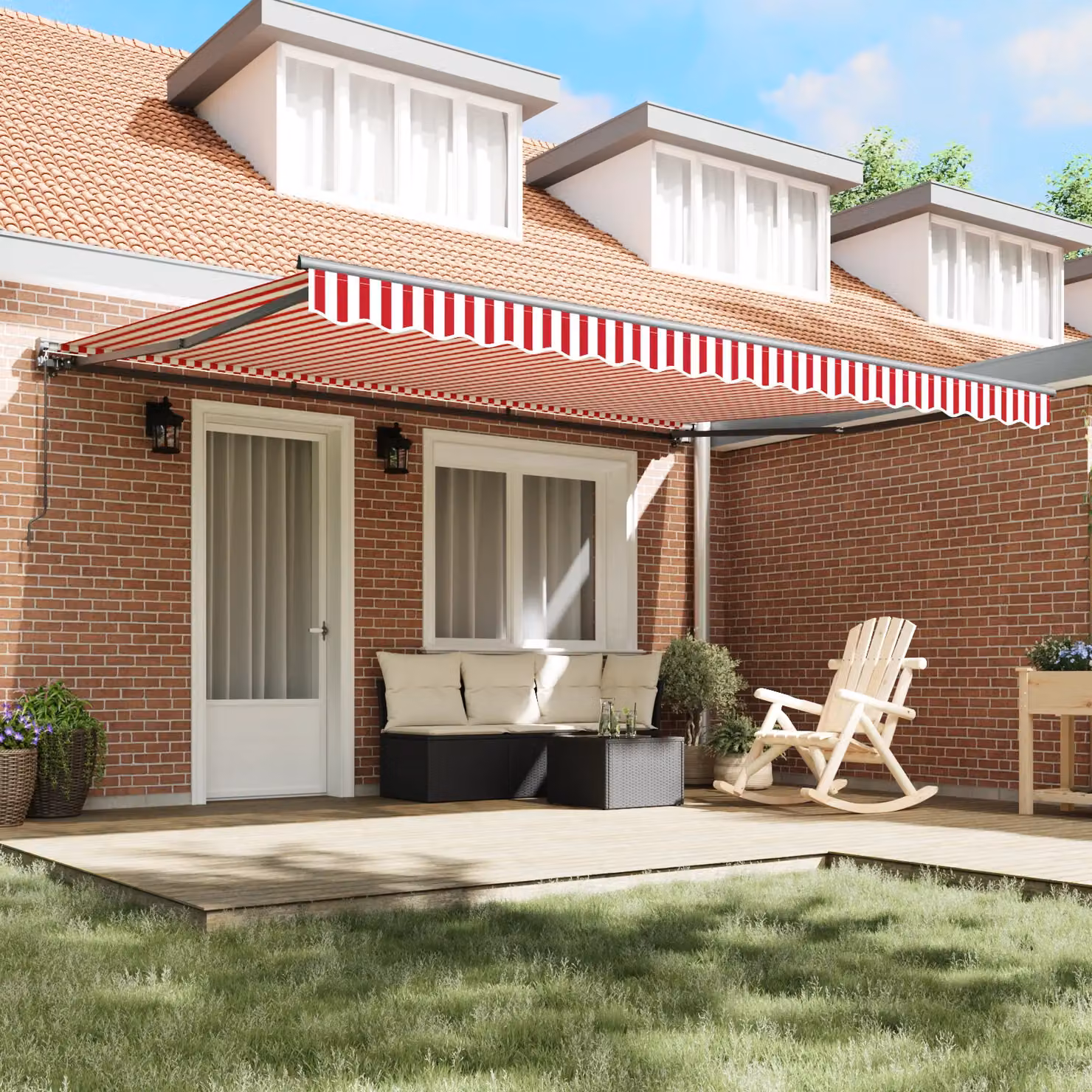 Berkfield Home Manual Retractable Folding Arm Awning in Red and White Stripe, W: 450 cm, D: 300 cm – 3