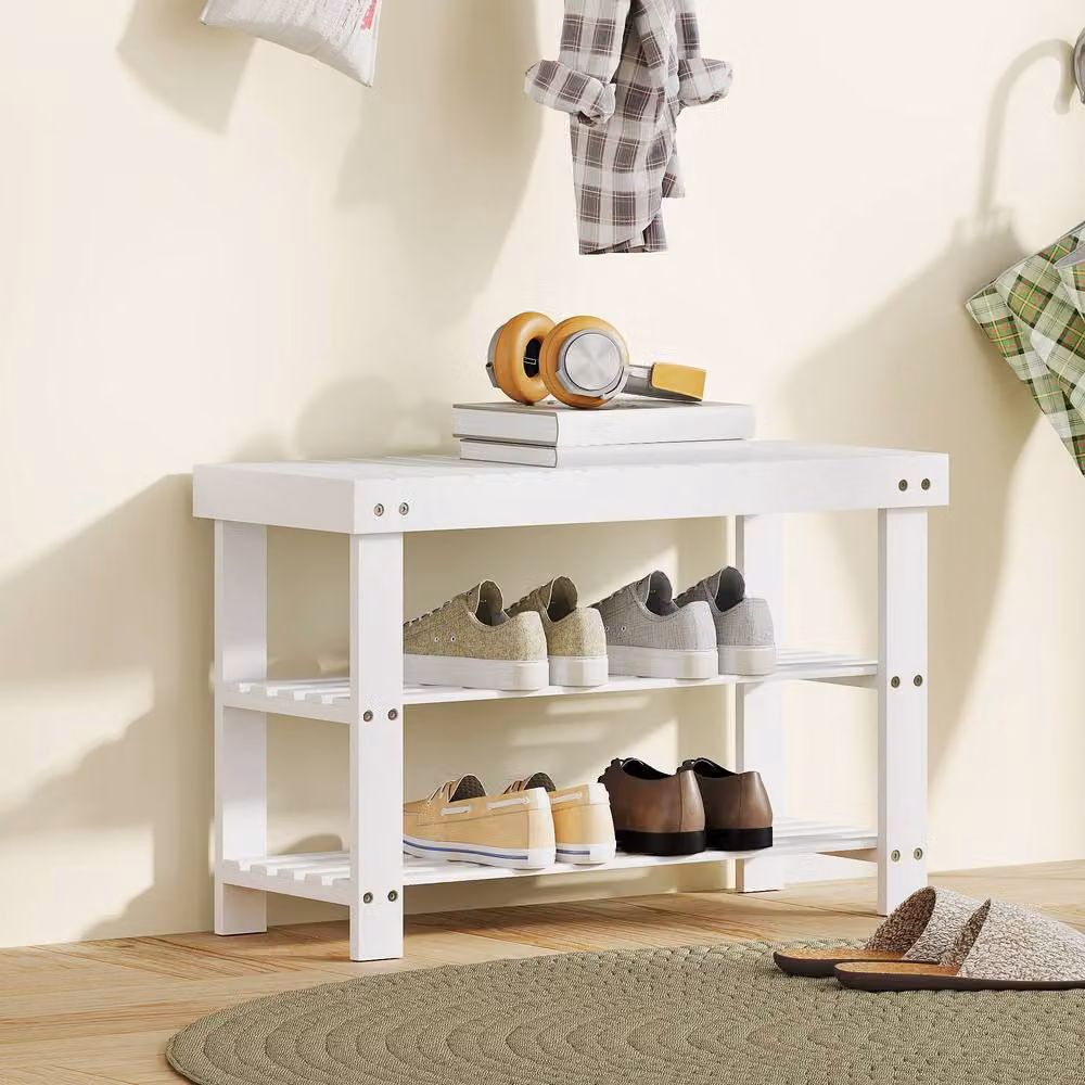 ERGOVEXA White Bamboo Shoe Storage Bench with 2 Shelves – 3