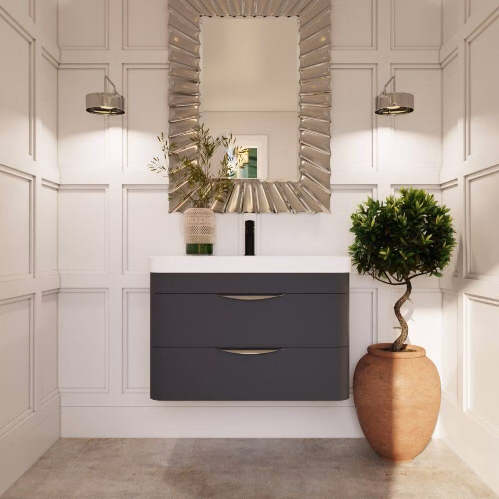 Balterley Wave 800mm Wall Hung 2 Drawer Unit and Thin-Edge Ceramic Basin in Matt Dark Grey – 2