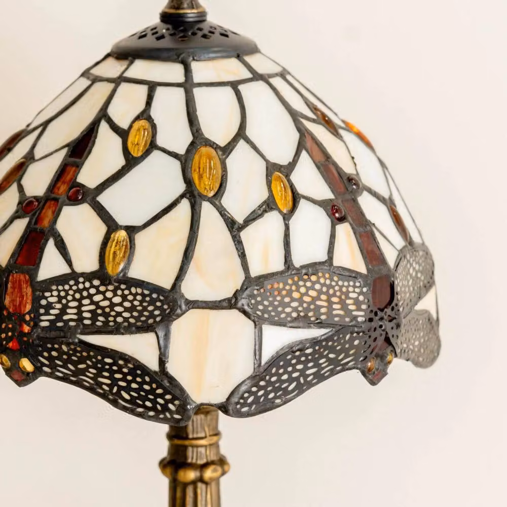 Nordara Tiffany Style Mosaic Stained Glass Table Lamp in Brown and Multicolour with Brass Details – 3