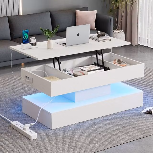 Matteo Modern White Rectangular Coffee Table with Lift-Top, Hidden Storage and LED Lighting – 1