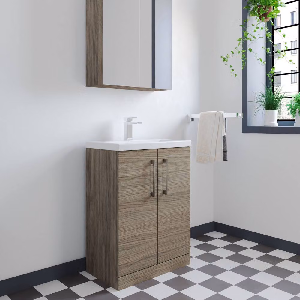Balterley Mid Oak Brown Bathroom Vanity Basin Unit with Soft Close Doors and Brushed Pewter Handles, Width: 60 cm – 2