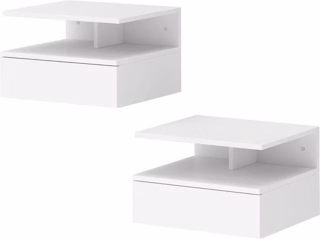 Kelvenix Set of 2 Modern Floating Bedside Tables with Drawer, White, W/D/H: 30 x 30 x 34 cm