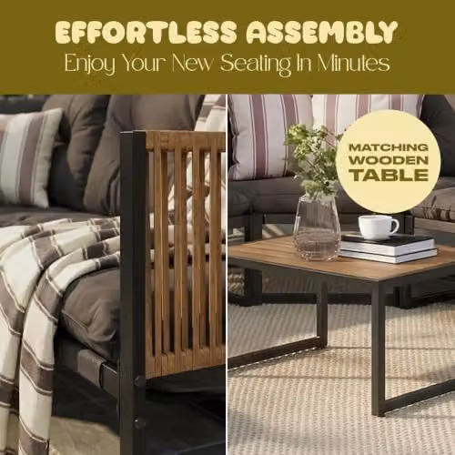OHS Santorini 5 Seater L-Shape Corner Sofa and Coffee Table Set in Brown with Upholstered Cushions – 3
