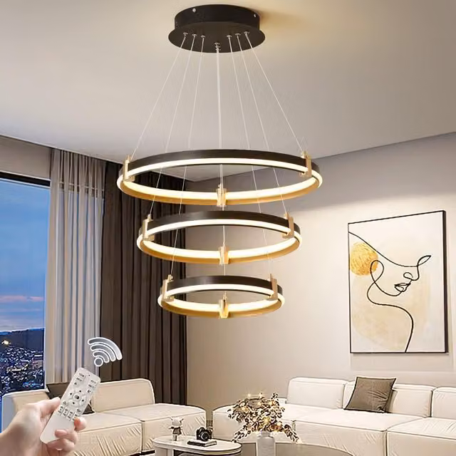 Garwarm Modern 3-Ring 90W Black Acrylic Dimmable LED Suspended Pendant Light with Remote Control