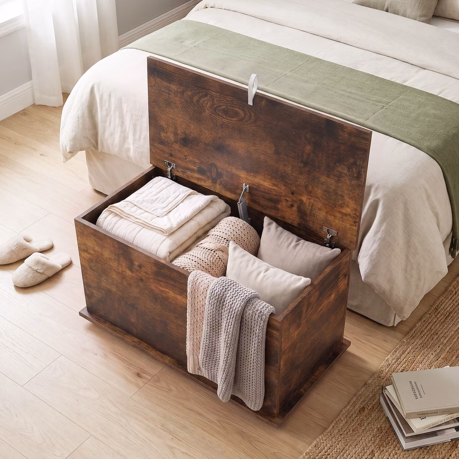 HOMCOM Storage Chest and Shoe Bench with Safety Hinged Lid, 102L Capacity, Rustic Brown, W: 80 cm, D: 40 cm, H: 45 cm – 6
