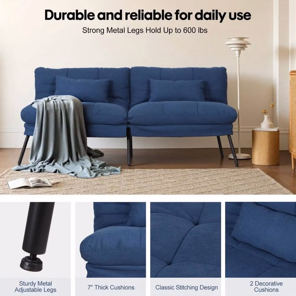 KORVIXA Blue 3 Seater Fabric Sofa Bed with Adjustable Headrest and Sleeping Function – 4