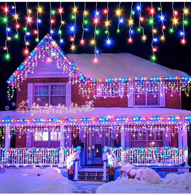 Living and Home Solar-Powered White LED Icicle String Lights with Remote Control and Dusk Sensor, 20m