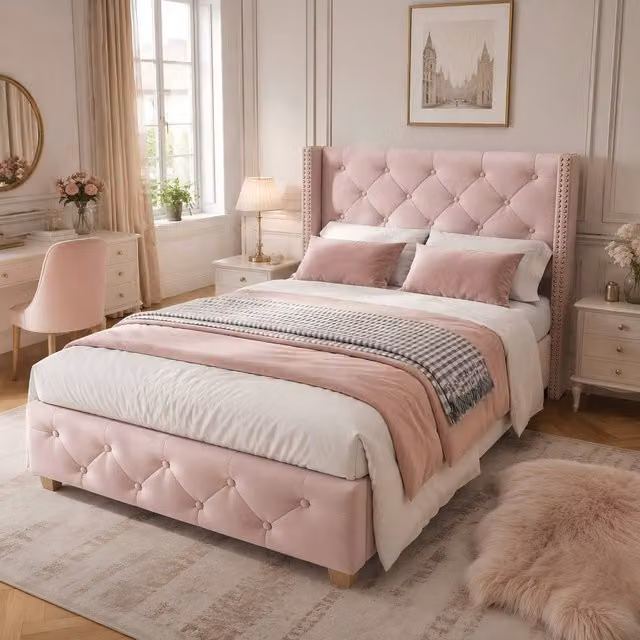 ModernLuxe Pink Velvet Upholstered Single Bed with Headboard and Wooden Legs W/D/H: 90 x 190 cm
