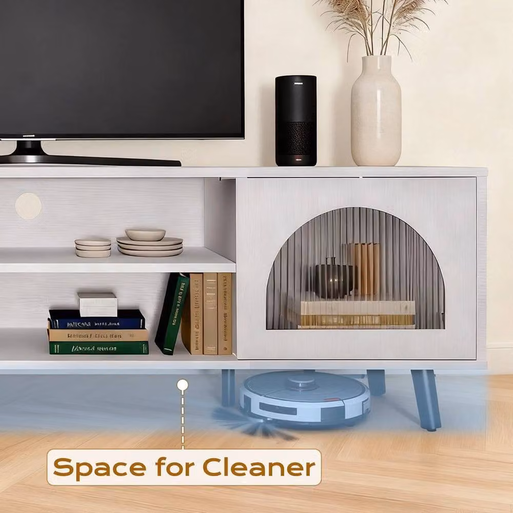 KORVIXA White Modern TV Stand Cabinet with 2 Glass Doors and Integrated Lighting W/D/H: 100 x 47 x 160 cm – 4