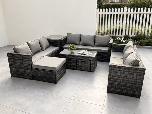 Fimous Rattan Garden Furniture Lounge Set in Dark Grey with 3-Seater Sofa, Rectangular Coffee Table and Ottoman – 1