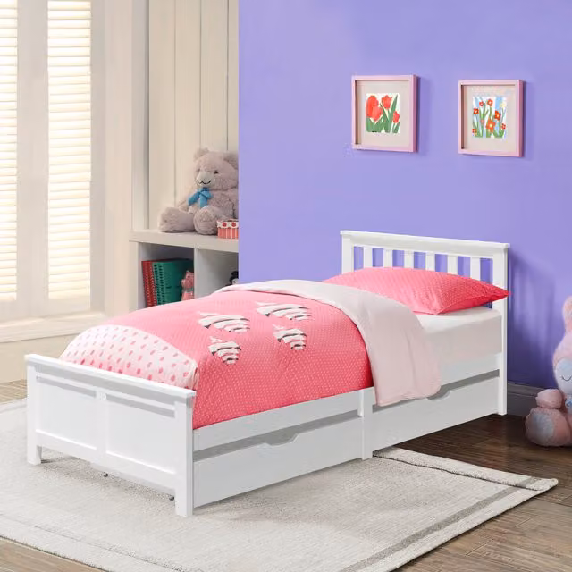 Comfy Living White Lacquered Solid Wood Bedframe with 2 Pull Out Drawers, W/D/H: 90 x 190 cm