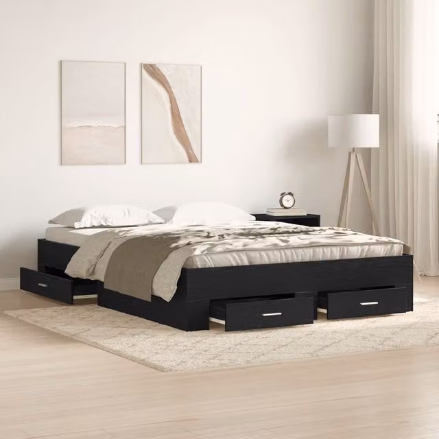 Berkfield Home Modern Bed Frame with Drawers in Black Oak, W/D/H: 140 x 190 cm