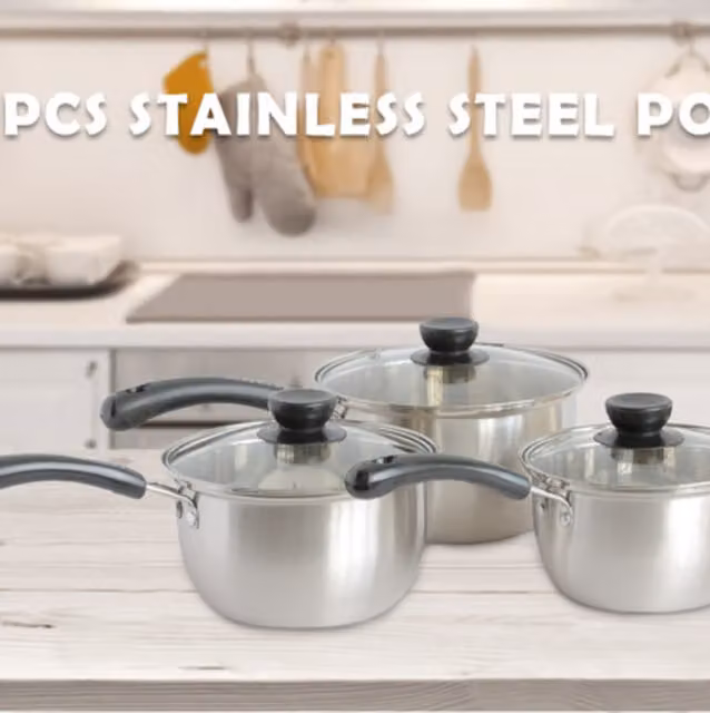 Stainless Steel Saucepan Set with Glass Lid and Extended Handle, Silver
