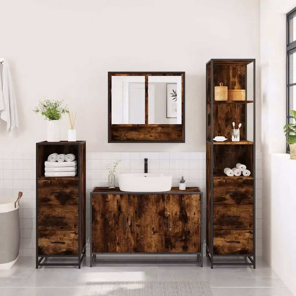 Berkfield Home 4-Piece Industrial Bathroom Furniture Set in Smoked Oak Brown – 3