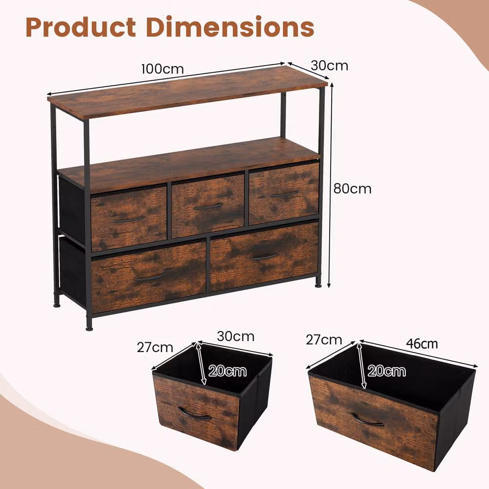 Gymax 5-Drawer Dresser with Open Shelves in Brown Rustic Wood and Metal – 2