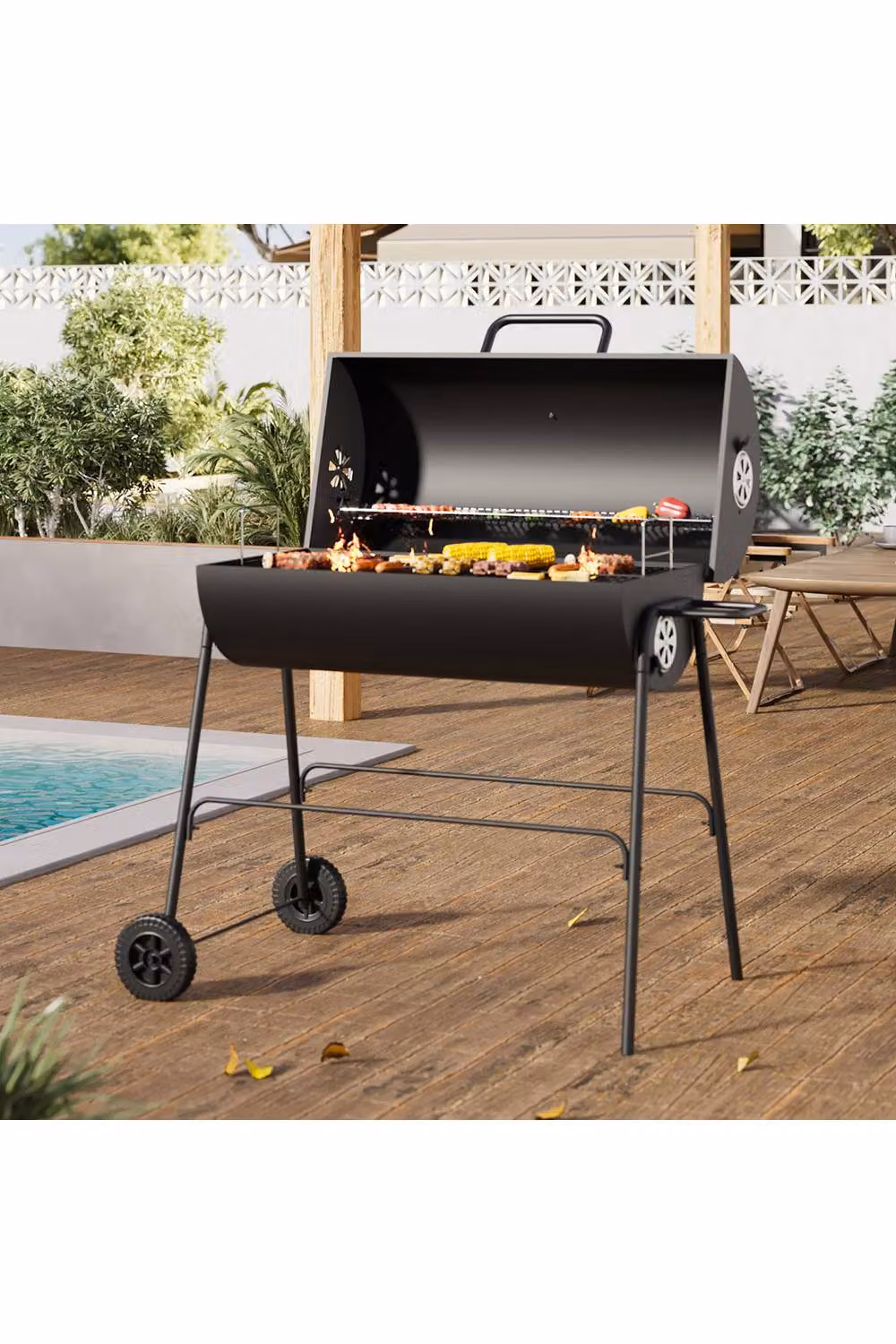 Living and Home Steel Charcoal Garden Grill with Wheels in Black, W/D/H: 79 x 68 x 90 cm – 2
