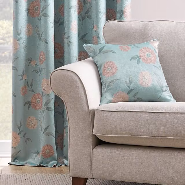 Dreams & Drapes Dahlia Floral Square Filled Cushion in Blue and Pink, W/D/H: 43 x 43 x 43 cm