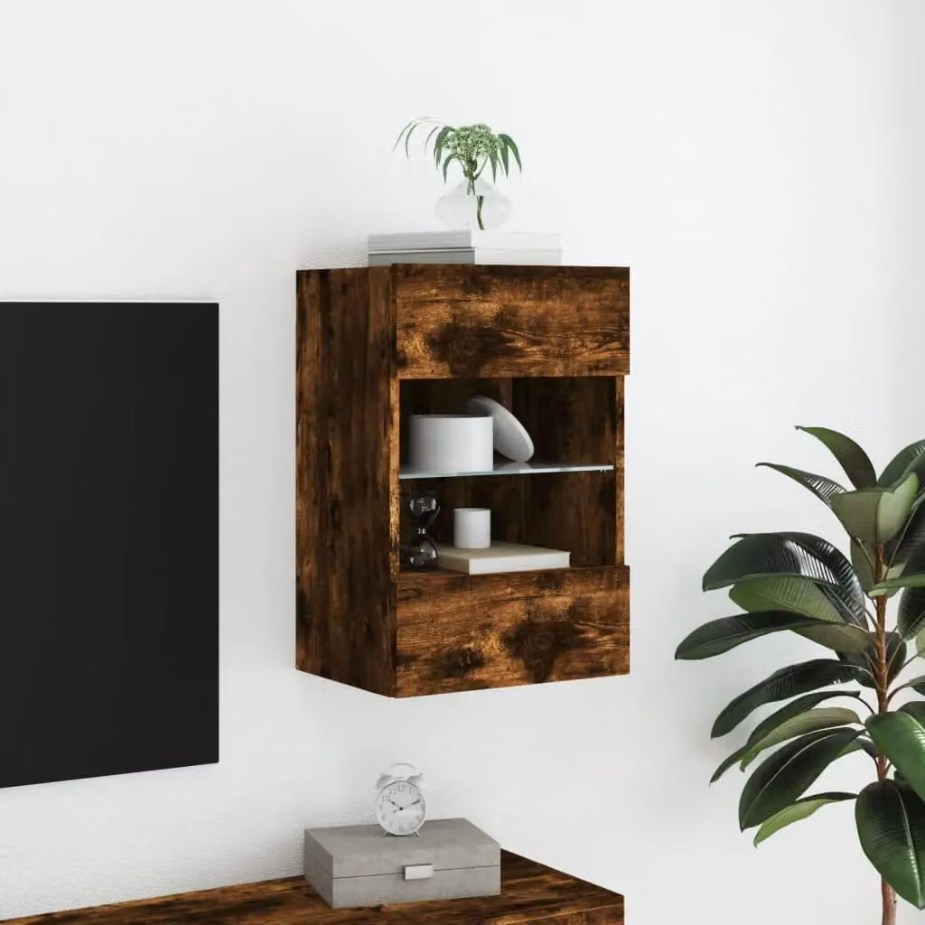 Berkfield Home Modern Wall-Mounted TV Cabinet with Integrated LED Lights in Smoked Oak Brown, W: 60.5 cm, H: 40 cm, D: 30 cm – 4