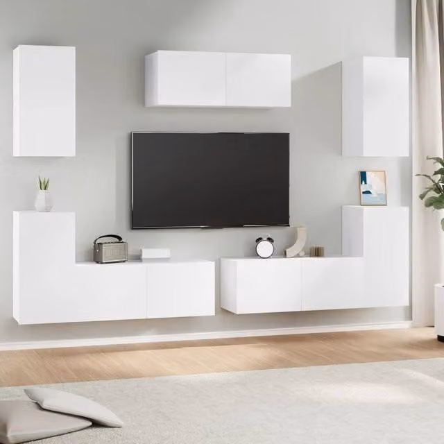 Berkfield Home 7 Piece Classic White Matt TV Cabinet Set with Lowboard and Wall Mounted Units – 1