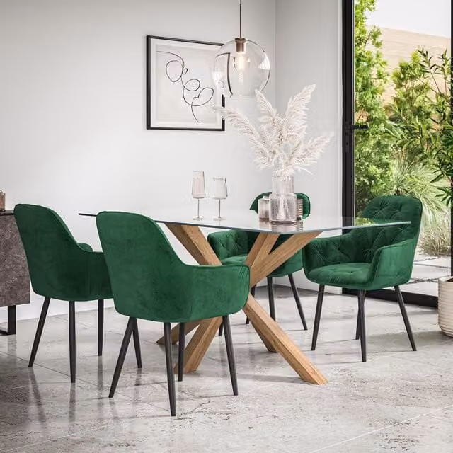 More4Homes Etta Glass Dining Table and Anika Green Velvet Chair Set of 4 with Solid Oak Legs
