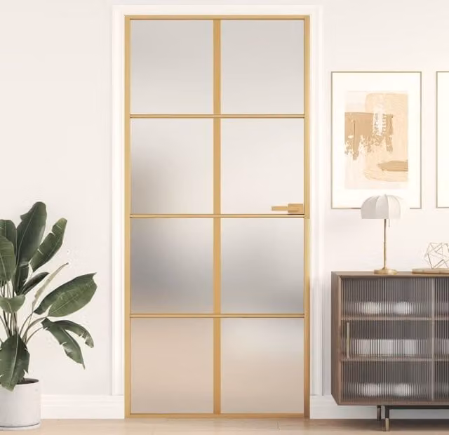 Berkfield Modern Slim Interior Door in Gold and Black with Tempered Glass and Aluminium, W: 93 cm, H: 201.5 cm