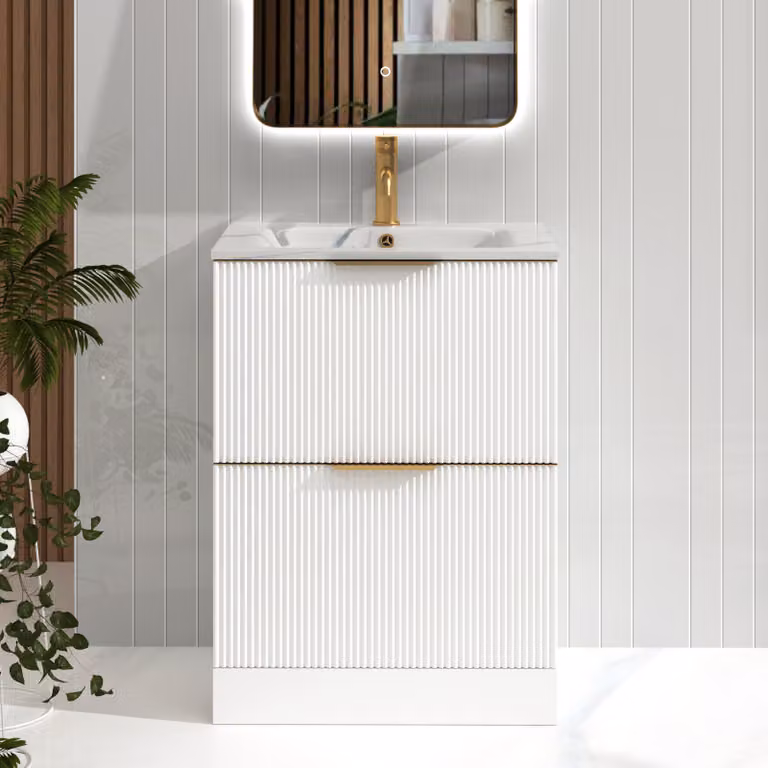 Royal Bathrooms Evora 600mm Matt White Fluted Floor Standing 2 Drawer Vanity Unit with Carrara White Basin and Brushed Brass Handles W: 60 cm, D: 46 cm, H: 80 cm