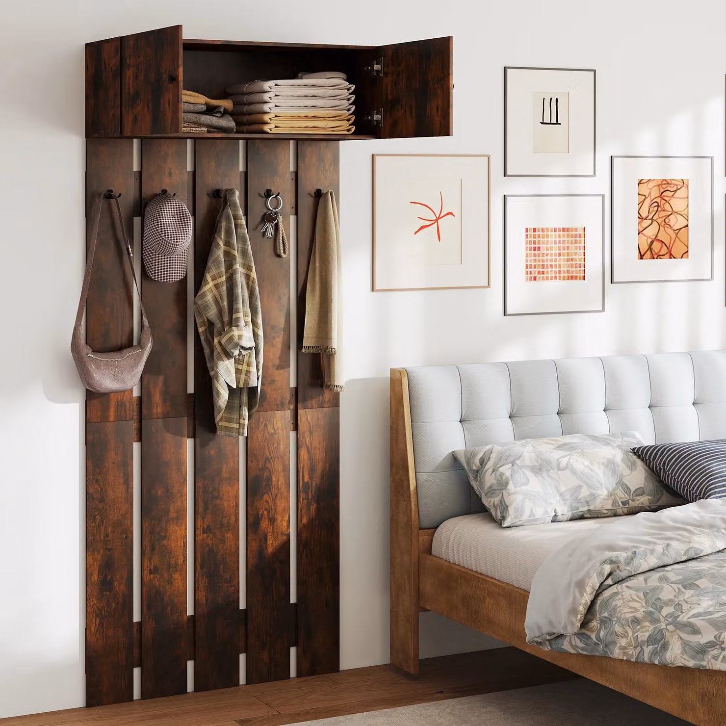 Gymax Wall Mounted Entryway Coat Rack in Brown Rubberwood with Metal Hooks – 7