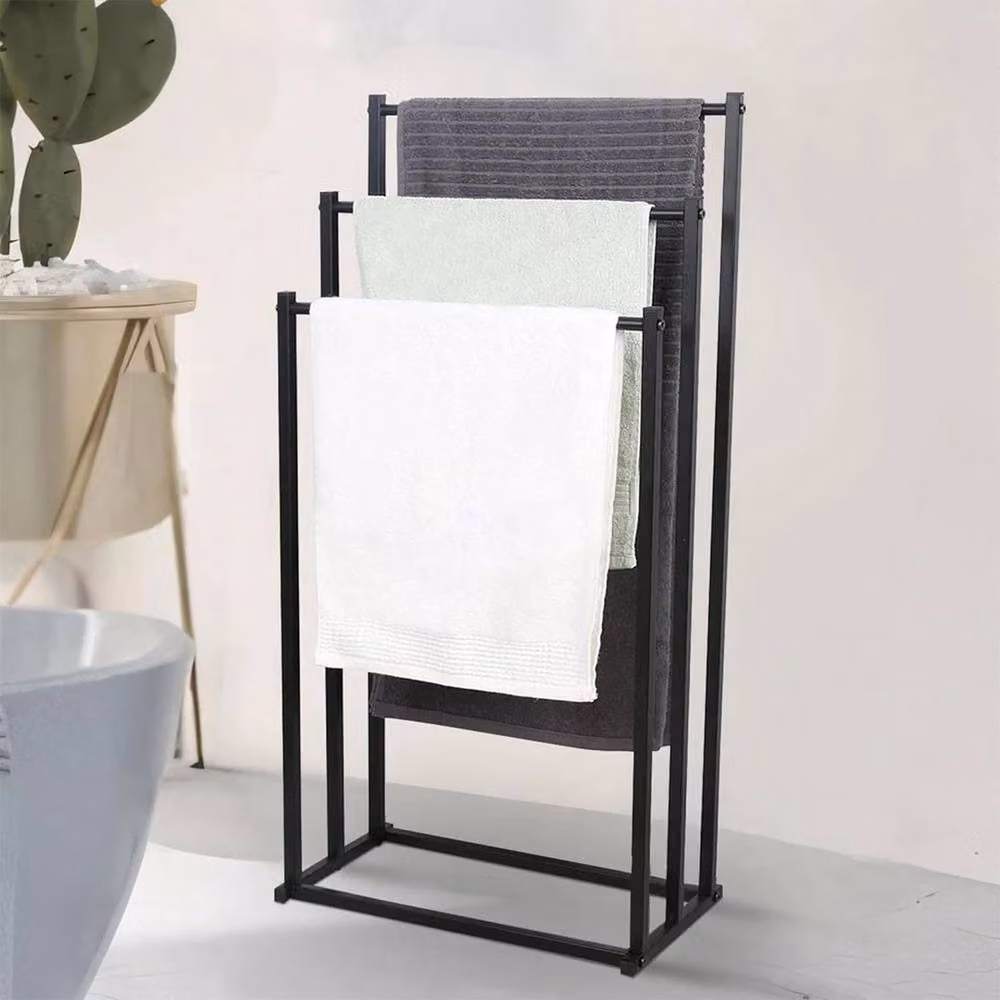 FLAVORA 3 Tier Free Standing Towel Drying Rail Rack in Matt Black Metal – 3