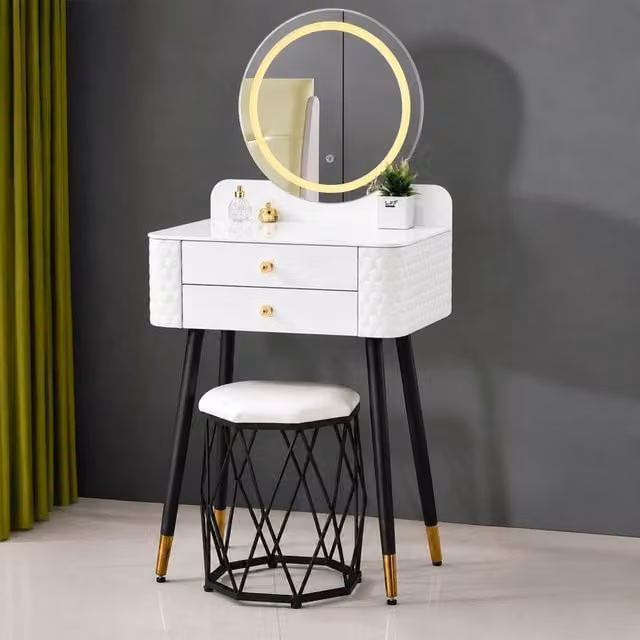 Sliding Wardrobes 4U Modern Dressing Table with LED Mirror and Stool Set in White and Gold, W/D/H: 60 x 50 x 127 cm