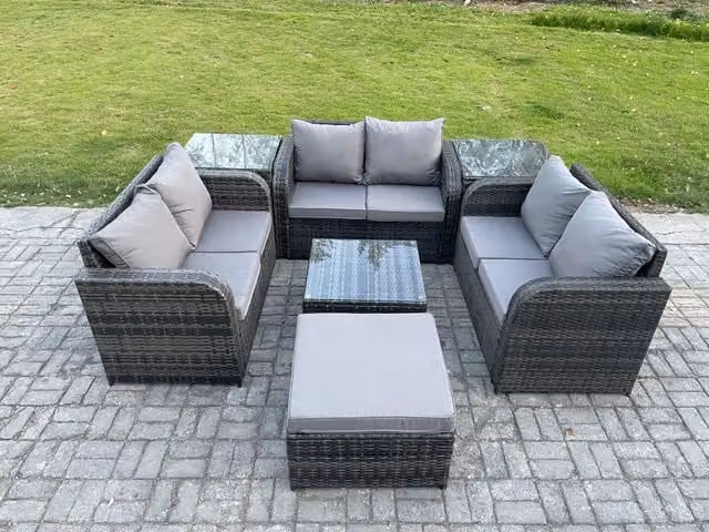 Fimous 7 Seater Wicker Rattan Garden Furniture Set in Dark Grey with U-Shape Sofa, Love Seat, Ottoman and Square Coffee Table