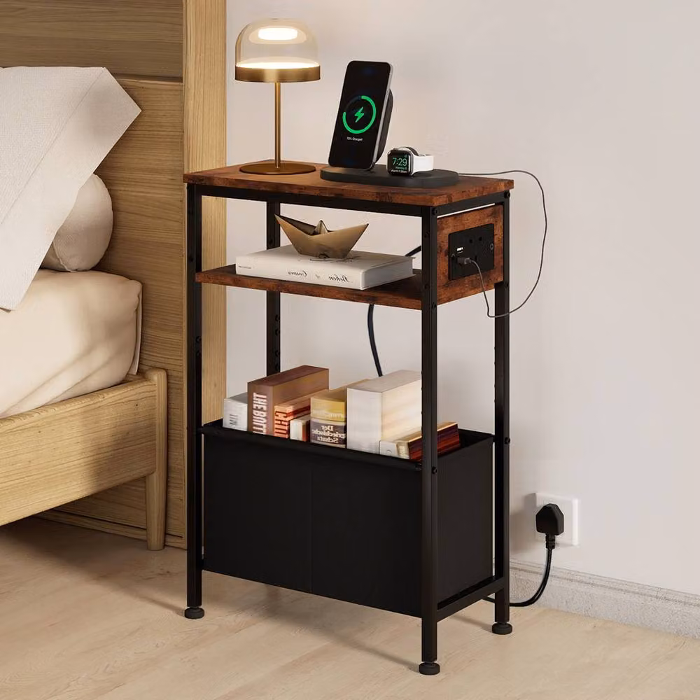 Levede Slim Side Table with Charging Station and Storage in Brown – 3