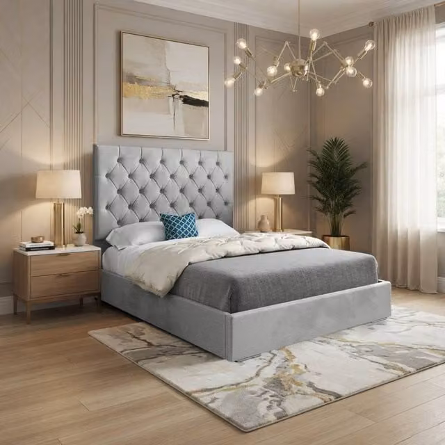 Casani Cottesmore Upholstered Grey Velvet Chesterfield Bed Frame, W/D/H: 200 x 137 x 189 cm