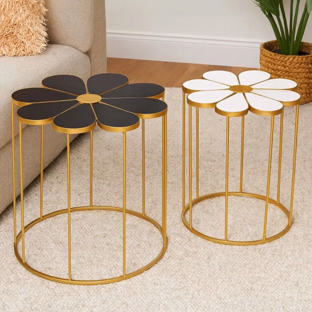 Orsina Set of Two Flower Shaped Petal Side Tables in Black, White and Gold – 2