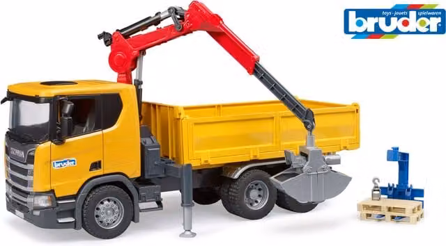 Bruder Scania Super 560R Construction Truck with Crane and 2 Pallets, Red and Yellow, 1:16 Scale