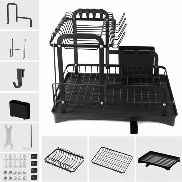 KDMD 2 Tier Dish Drainer Rack with Removable Drainboard and Cutlery Holder, Black