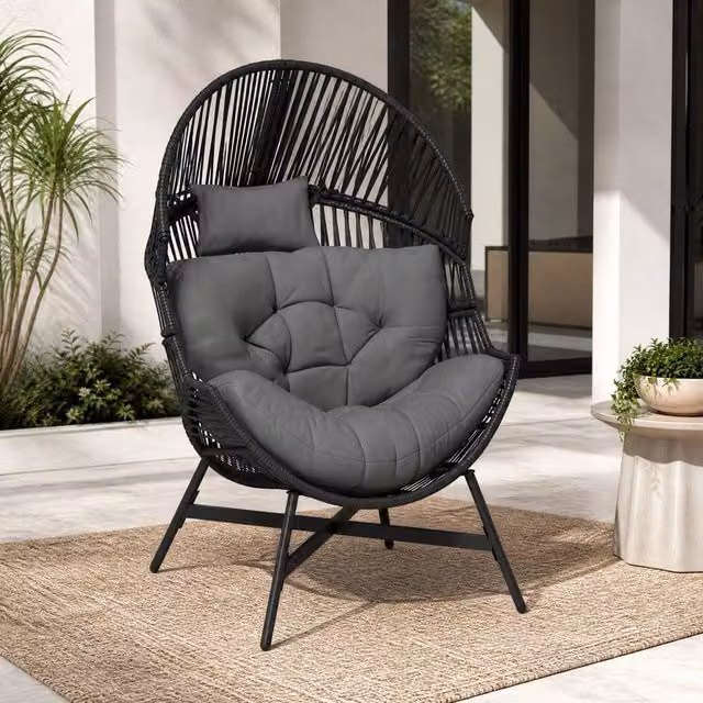 STILVORA Garden Egg Chair with Tufted Cushion and Headrest in Grey – 1