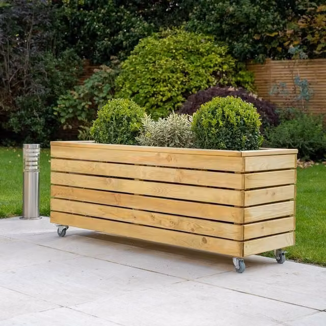 Forest Garden Brown Modern Wood Long Linear Planter with Wheels, Width: 120 cm