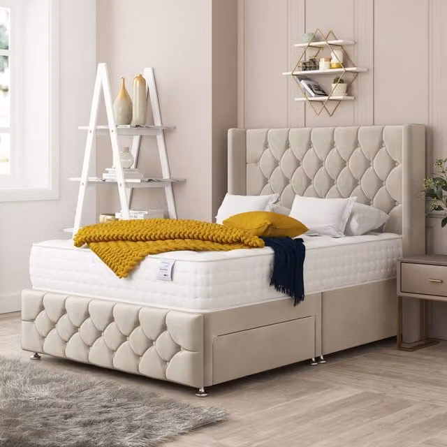 Bed Choices Elena Upholstered Divan Bed with 2 Drawers, Mattress and 26 inch Headboard in Cream, W/D/H: 180 x 200 cm, King Size