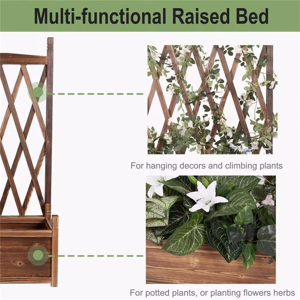 NESTLUNE Brown Wooden Raised Garden Bed with Trellis Planter Box, W/D/H: 64 x 37 x 76 cm – 4