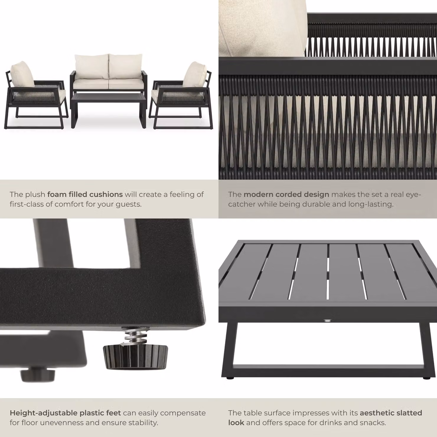 tectake Captive 4-Person Garden Lounge Set in Anthracite Grey with Powder Coated Aluminium Frame and Upholstered Cushions – 4