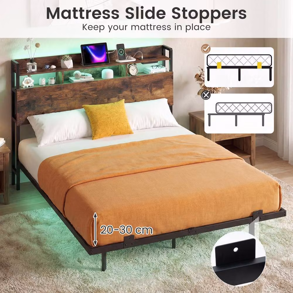 Costway King Size Floating Platform Bed Frame in Brown with LED Lights, USB Charging Port and Side Compartments, W/D/H: 180 x 200 cm – 3