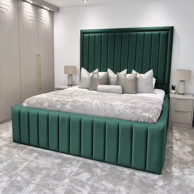 Living Comfort Bedz Hampton Upholstered Slatted Base Bed with 54-Inch Panel Headboard in Green, W/D/H: 140 x 200 cm