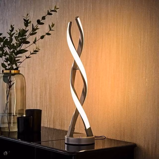 EONLION Modern Double Twist LED Table Lamp in Matt Silver with Dimmable Warm White Touch Control – 1