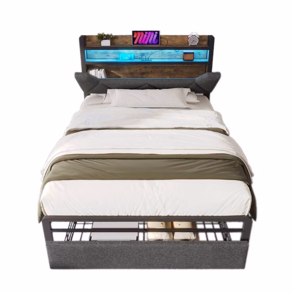 ModernLuxe Grey Upholstered Double Bed with Storage Drawers, Headboard and LEDs, W/D/H: 140 x 200 cm – 5