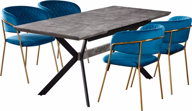 Life Interiors Atarah Blaze LUX Modern Mid-Century Dining Set with Extendable Rectangular Table and 4 Blue and Gold Chairs