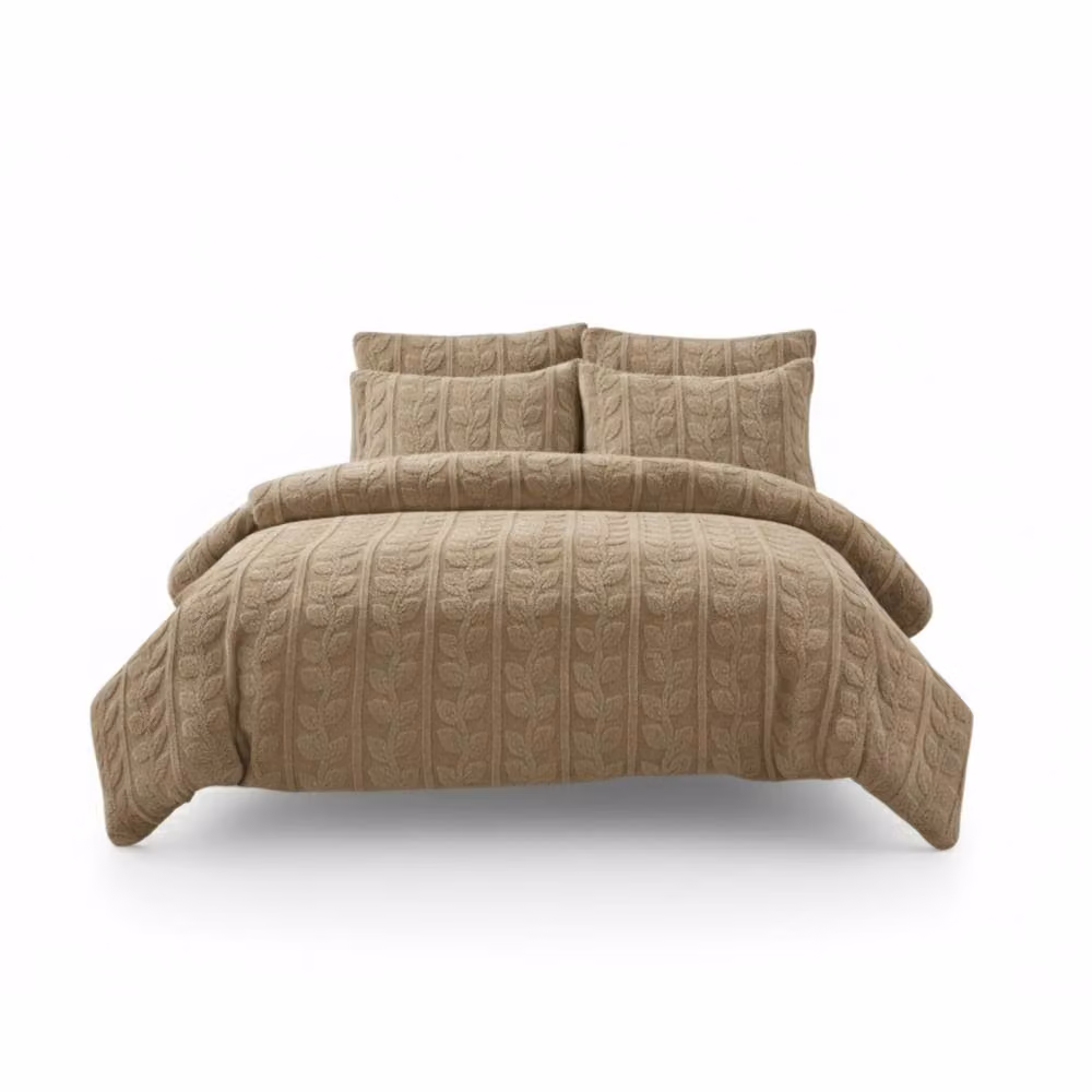 Snug City Ultra Soft Teddy Fleece Duvet Cover and Pillowcase Set with Embossed Leaves in Beige, Single (90 x 200 cm) – 2
