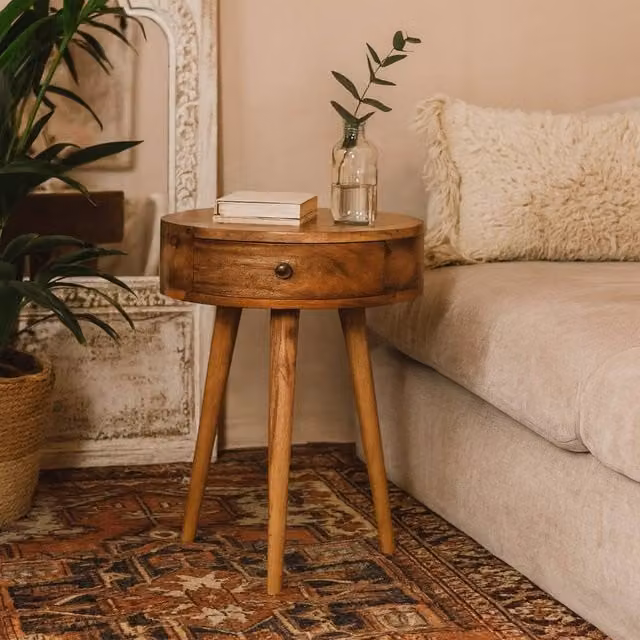 Wyld Haus Parma Mini Circular Bedside Table in Brown Oak and Mango Wood
