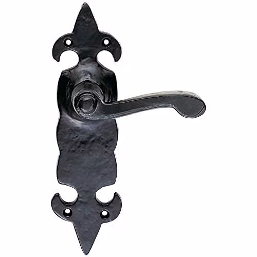 Loops Pair Forged Scroll Lever Handles on Latch Backplate, Black Antique, W: 20.6 cm, H: 5.7 cm